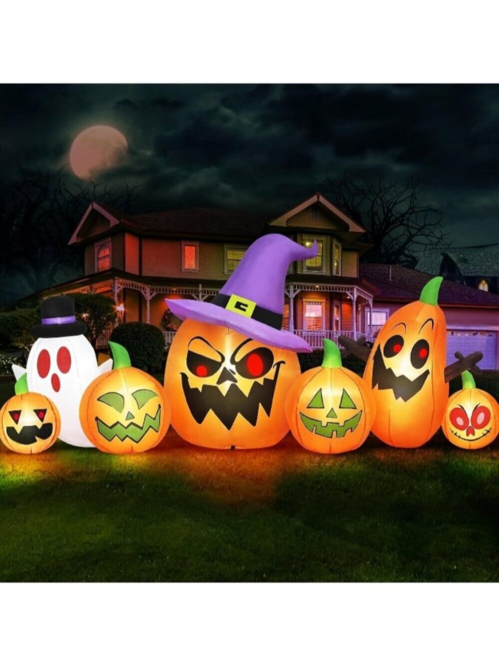 8FT Long Halloween Inflatables Spooky Pumpkin Outdoor Decor White Orange Witch